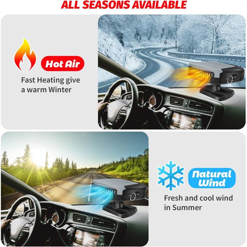 Baceyong 150W Ventilateur De Voiture Portable 12V 10A Chauffage De Voiture Dégivreur De Voiture Désembuage Pour Pare-brise 360 ° Rotatif Avec Support à Ventouse