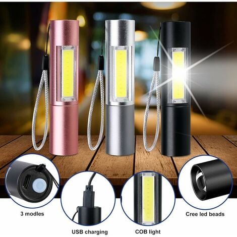 Lampe Torche LED Rechargeable USB, Lampe de Poche 600 Lumens, IP65 Étanche,  4 Modes Eclairage, Lampe de Poche Zoomable pour Ménage, Le Camping, La  Randonnée, D'urgence (Batterie Incluse) 