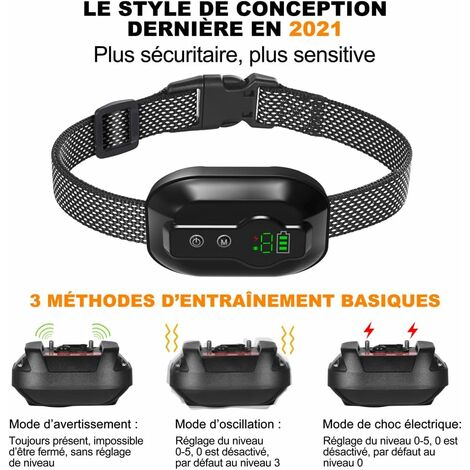 Collier Anti Aboiement Chien, Rechargeable, Résistance à L’Eau IP67 et Détection D’aboiement Intelligent Collier Vibration/Choc Électrique/Modes Son pour Gros Petit Chien - Noir