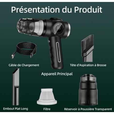 Aspirateur de Voiture sans Fil 29000Pa 120W - Puissant Aspirateur à Main Rechargeable avec Écran LCD et Longue Autonomie
