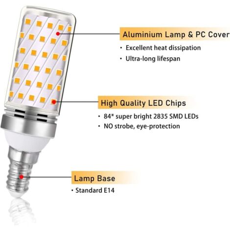 Ampoule LED E14 16W blanc chaud 3000K 1600lm, équivalent lampe halogène E14 100W 120W, AC 230V, non dimmable, 4 pièces Ulisem