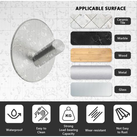 Crochets Adhésifs Noirs 3M - Lot De 4 - Porte-serviettes Salle De Bain - Acier Inoxydable - Support 7 Kg