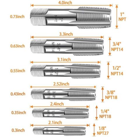Kit De 6 Tarauds à Pipe NPT - Tailles : 1", 3/4", 1/2", 3/8", 1/4", 1/8" - Acier Carbone - Pour Filetage Tuyaux