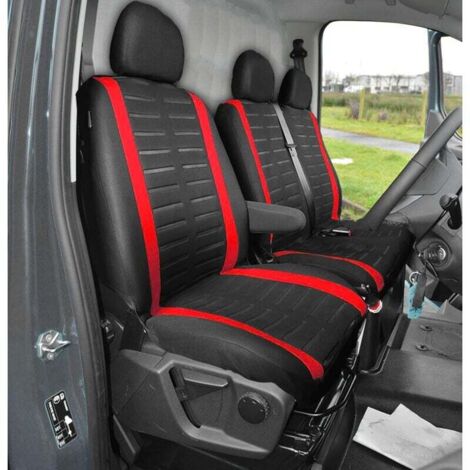 Housses De Siège Auto Sakura Finsbury Noir/Rouge – Paire Sièges Avant + Appuie-Têtes, Tissu Élégant Inserts Rouges, Universelles Voiture Van