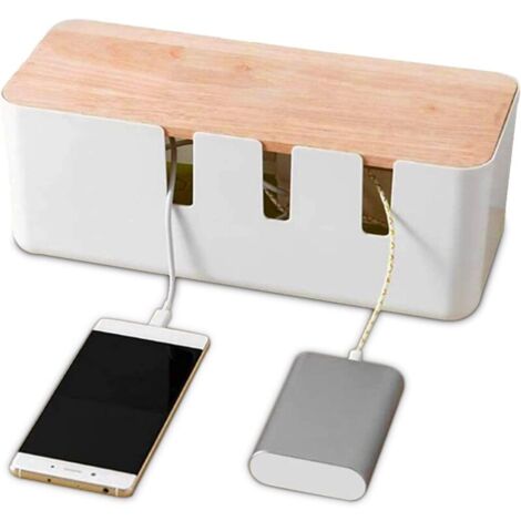 Boîte de rangement de câbles HERCHR 12" x 5" x 4,5" avec couvercle en bois pour ordinateur, téléviseur, multiprise et câble de charge (1/4)