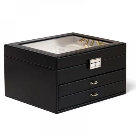 (Noir) Boîte à bijoux en cuir à 3 couches, étui de rangement pour bagues et boucles d'oreilles (1/4)