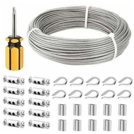 Cable Inox 3mm,50M/3mm Corde en Acier Inoxydable,Cable en Acier Revêtu avec Serre-Câbles,M3 Manchons,Cosses en Acier Inoxydable,3mm Cable Métallique pour Fil a linge,Cable de Garde Corps