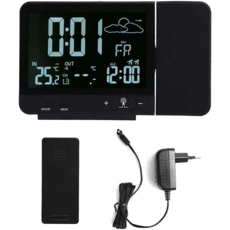 Réveil à Projection Numérique Radio Reveil Projection Plafond avec Station Météo Thermomètre Fil Hygromètre de Jauge de Contrôle D'humidité de la Température avec Calendrier pour Chambres 230V