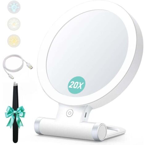 Miroir grossissant avec lumière, 20x/1x, Double Face, Miroir de Maquillage Portable, éclairage 3 Couleurs, écran Tactile à intensité Variable (1/4)