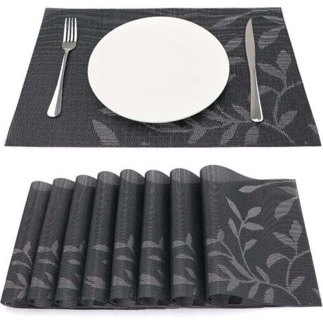 Lot de 8 sets de table en vinyle résistant à la chaleur et à l'usure, sets de table tissés pour la cuisine, 45 cm x 30 cm, motif feuilles foncées (1/4)
