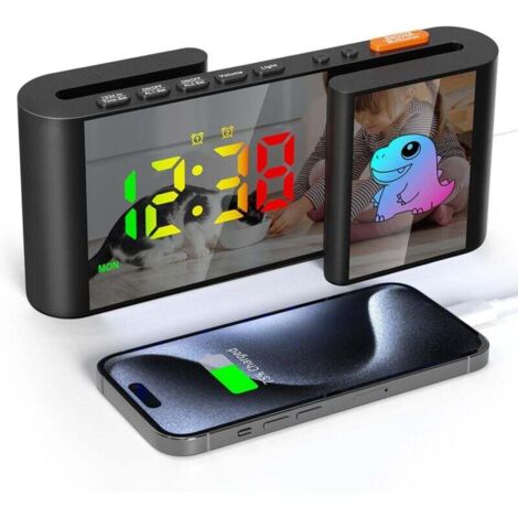 Réveil Numérique pour Enfants avec Veilleuse 7 Couleurs, Réveil Matin à Miroir LED RVB Couleurs Cartoon avec Snooze, 2 Modes d'Alarme, Luminosité Réglable, 12/24h,Horloge Digitale Port USB