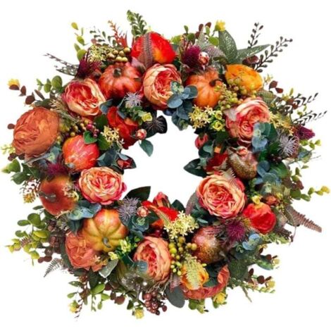 Couronne de citrouilles artificielles , couronne de fleurs d'automne pour l'intérieur et l'extérieur, couronne ronde pour porte d'entrée, couronne de Thanksgiving (1/4)