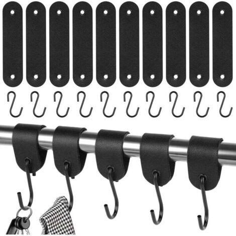 Lot de 10 crochets avec boucle en cuir - Pour tringle à vêtements - En acier inoxydable - Noir - 12,5 x 3 cm - Pour garde-robe et camping - Noir (1/4)