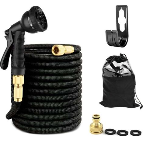 Tuyau d'arrosage - 30m - Flexible et durable - 8 modes de pulvérisation - Comprend un Sac de Rangement - Noir (1/4)