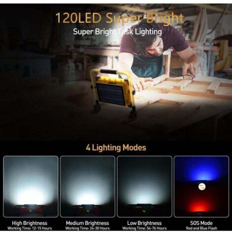Lampe de travail LED solaire rechargeable 100 W, 120 LED, batterie externe USB étanche 12 000 mAh pour la réparation automobile, le garage et le camping. (1/4)