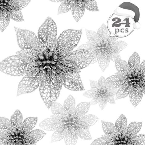 Fleurs de Nol, 24 fleurs de Nol scintillantes, fleur de Nol scintillante creuse, poinsettia arbre de Nol fleurs artificielles décor ornement, décoration pour mariage, fête, Nol (argent) (1/4)