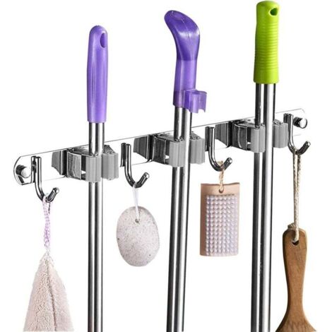 Porte Balai Mural - Accroche Balai en Acier inoxydable, Support Cintre de Rangement pour Cuisine, Buanderie, Garage (3 Emplacements et 4 Crochets,Gris )- (1/4)