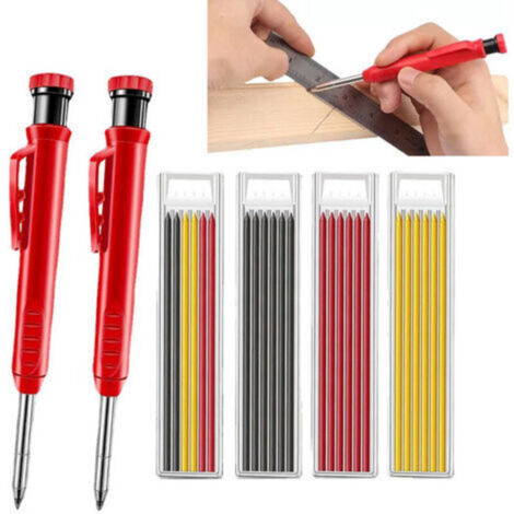 Coffret de 6 crayons de construction de charpentier avec mines grises, jaunes et rouges. (1/4)