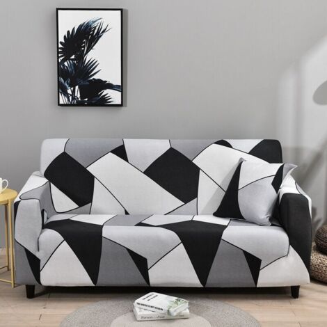 Housse de canapé 2 places 145-185 cm, moderne avec accoudoirs, universelle, élastique, housse de protection, noir et blanc, gris