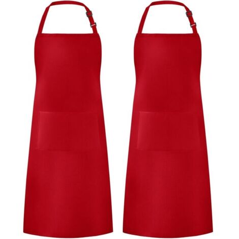 Lot de 2 tabliers imperméables réglables avec 2 poches pour barbecue et dessin, pour femmes et hommes, rouge (1/4)