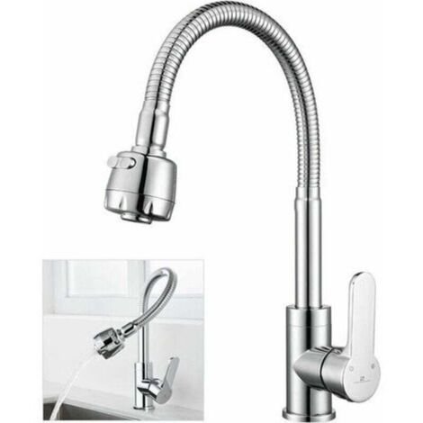 Robinet de cuisine en mousse à mémoire de forme - Robinet d'évier à ressort - 2 becs en option - Rotation à 360° - Chromé pour s'adapter à toutes les courbes (1/4)