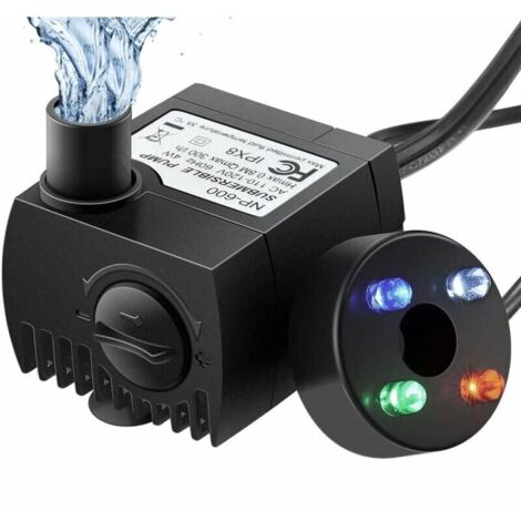 Pompe d'aquarium avec 4 lumières LED colorées, 300 l/h, résistante au brûlage à sec (48 heures), pour bassin, fontaine et jardin, silencieuse. (1/4)