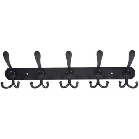 Porte-manteau mural (noir) - 5 crochets différents, porte-manteau robuste en acier inoxydable pour vêtements, serviettes, sacs, peignoirs, entrée de salle de bain (1/4)