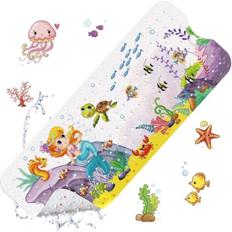 Tapis de bain antidérapant pour enfants (sirène, 100 x 40 cm) : durable, avec 200 ventouses, matériau PVC sans BPA, lavable en machine, adapté à tout-petits et bébés (1/4)