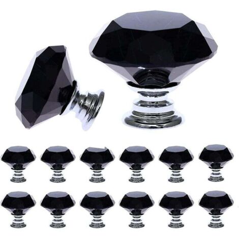 Lot de 12 poignées de meuble en cristal noir (30 mm), avec graduations, pour porte, tiroir, cuisine, bureau, chambre et placard. (1/4)