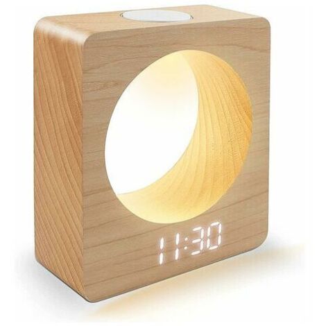 Réveil numérique à LED en bois massif (hêtre) avec veilleuse, 3 réglages d'alarme, détection de température