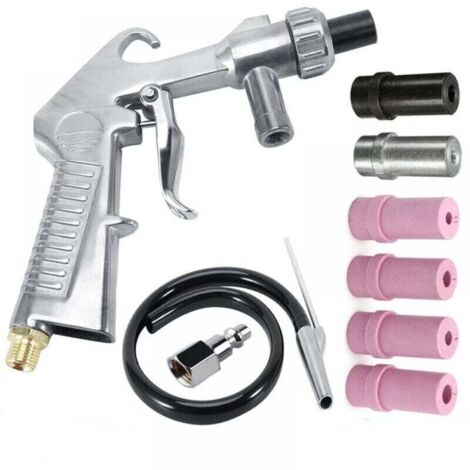 Pistolet Sablage Air Comprimé Sandblaster avec Tuyau d'Alimentation de 1 M, Pistolet à Sable Sand Blaster avec 3 Buse de 6mm de Céramique, Métallique Blanche et Noire, un Raccord d'Air (1/4)