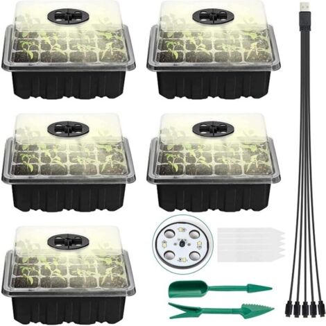 Plateau de semis 5 pièces Propagateur de Plantes avec lumière Plateau de départ rembourré pour semis avec fenêtre Ajustable pour serres et Jardins (Noir) (1/4)
