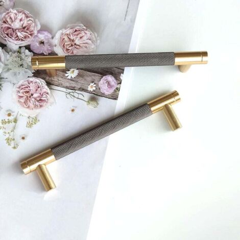 Lot de 2 poignées de meuble modernes dorées, entraxe de 128 mm, poignées de porte de cuisine, poignées vintage pour meubles de cuisine, commode, armoire (gris doré) (1/4)