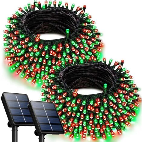 Guirlande lumineuse solaire (Rouge,Vert) , 100 LED, 12 mètres, 8 modes, adaptée à la décoration d'arbre de jardin de cour et de terrasse extérieure(2pcs) (1/4)
