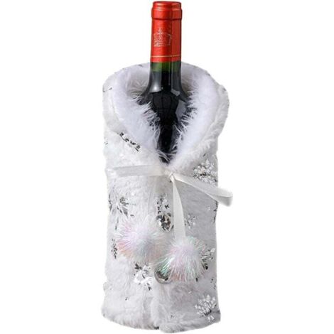 Housse de bouteille de vin  en polyester peluche or et argent à motif flocons de neige, idéale pour décorer les tables de Thanksgiving et de Noël. (1/4)