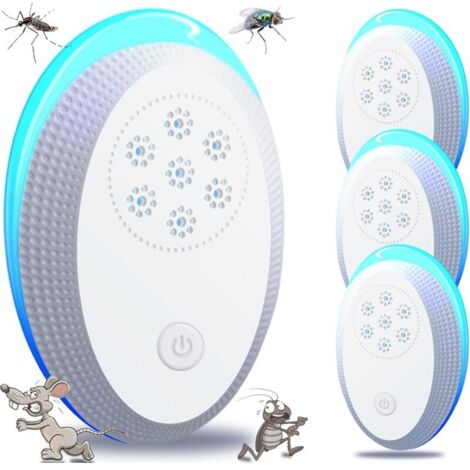Anti Moustique Ultrason Prise, Ultrason Souris Mouche 4 Paquets, Appareil Repulsif Souris Efficace pour Repousser Les Rats, Les araignées, Les moustiques, Les Souris, Les cafards Blanc (1/4)