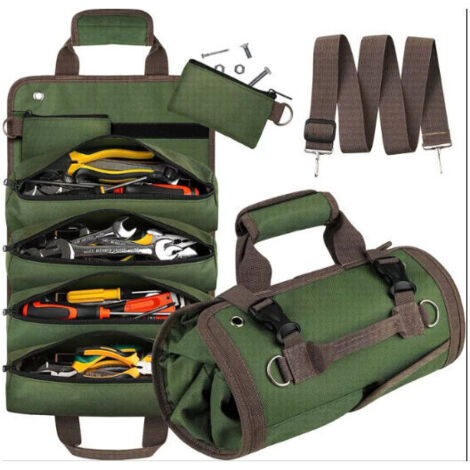 Sac à outils enroulable, sac à outils robuste avec 4 poches et 2 pochettes détachables, sac à outils organisateur pour papa, mécanicien, électricien, réparateur, vert (1/4)