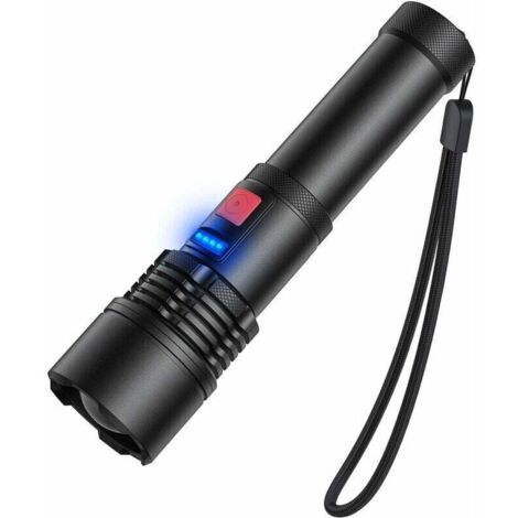 Lampe torche LED rechargeable USB - 3 000 lumens, zoomable - Lampe torche LED ultra puissante - Lampe tactique - Lampe torche d'extérieur étanche pour le camping (1/4)
