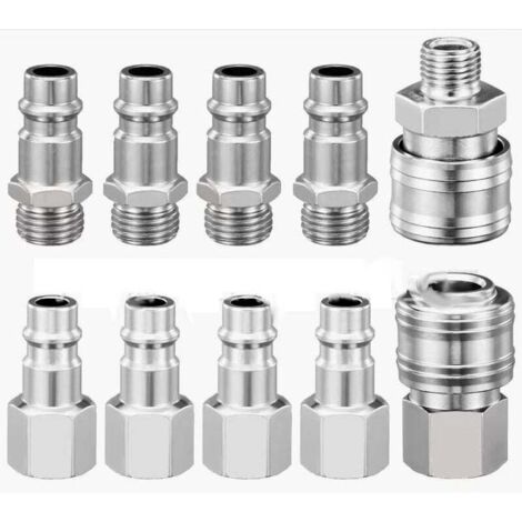 Kit de 10 raccords pneumatiques rapides  pour compresseurs, 1/4" BSP, raccord rapide, raccord d'air, tuyau, connecteur d'air comprimé, mâle et femelle (1/2)
