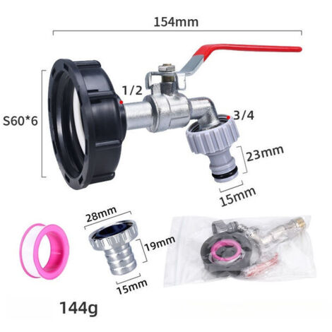 Robinet de réservoir 1000L avec adaptateur de tuyau, raccord de robinet IBC S60X6, robinet de jardin pour réservoir de récupération d'eau de pluie (adaptateur en plastique 1/2") (1/4)
