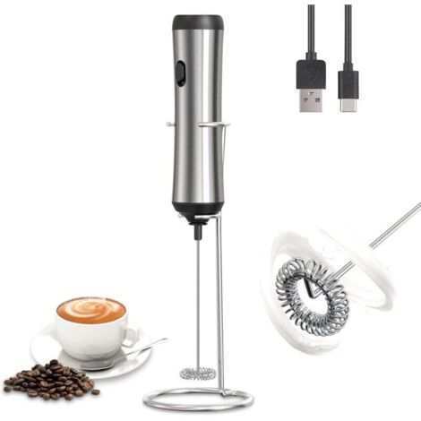 Mousseur à Lait Electrique, Mélangeur de Mousseur Lait, Puissant 10000-14000 tr/min, avec Support en Acier Inoxydable, Fouet Electrique,Milk Frother, pour Latte, Cappuccino, Argent (1/4)