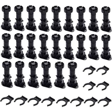 24 pieds Pieds D\'Armoire Plastique,Pied de Meuble,Pied Réglable pour Meuble,Noir Pieds de Meuble Plastique avec Clip Fixation Base pour Meubles de Cuisine,Armoire et Canapé (120mm-150mm) (1/4)