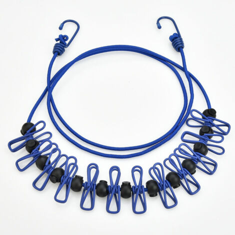 Windproof Clothesline, Travel Washing Lines Rope, Elastic Nylon, Easy to Use, Clothes Lines with Windproof Clotheline Clips for Backyard and Laundry, bleu (1/4)