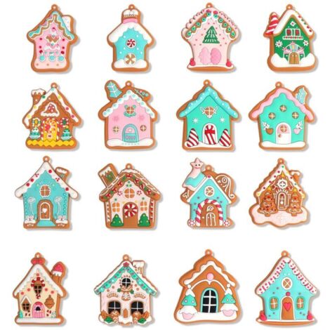 Lot de 16 décorations de Noël en forme de maison en pain d'épice, idéal pour décorer un sapin de Noël. (1/4)
