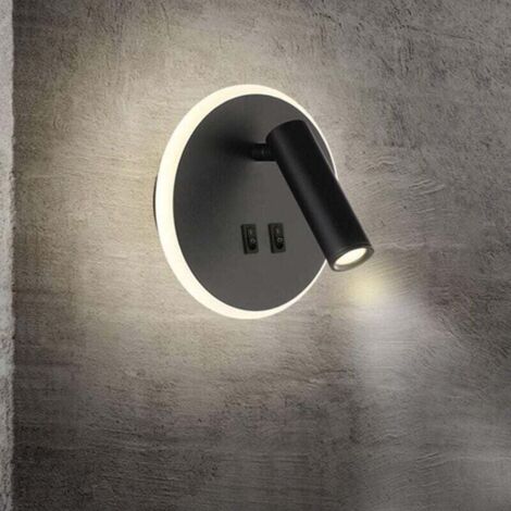 Lampe de chevet  - Applique murale LED pour chambre d'hôtel ou couloir, avec interrupteur, noire, 9 W, lumière chaude 3000 K (ronde)