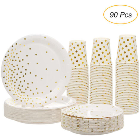 Assiette Jetable Doré, 90 pcs Kit Vaisselle Jetable, Gobelets Jetables, Grandes Assiettes Assiettes à Dessert Tasse de Papier, pour Anniversaire Fête Party Mariages