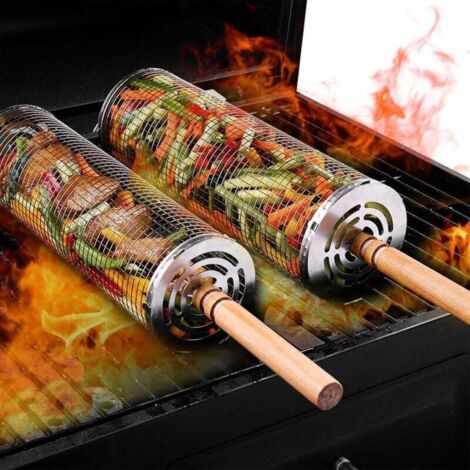 2 Pièces Paniers à Barbecue Emboîtables, Acier Inoxydable 304 Panier à Grillades Enroulable avec Poignée en Bois Amovible pour Extérieur Camping Pique-Nique Grillades Viande Légumes Poisson (1/4)