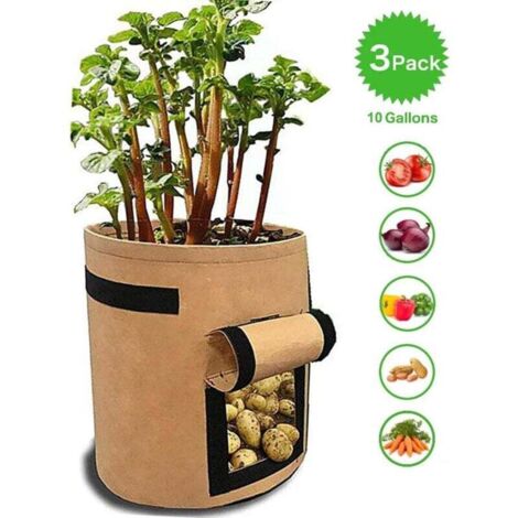 Sac a planter Sacs de plantation pour pommes de terre, tomates et autres légumes, tissu polaire respirant, jardinière avec rabat, fermeture velcro et poignée, 3 pièces, jardin, kaki LangRay (1/4)