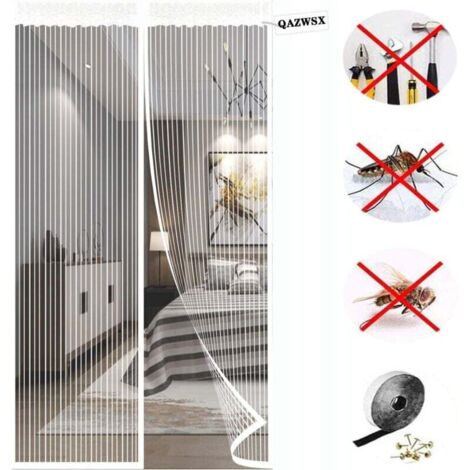 Moustiquaire magnétique robuste pour porte d'entrée, fermeture magnétique, maille épaisse et résistante aux déchirures, protège des insectes, blanche - Dimensions du rideau : 120 x 220 cm (1/4)