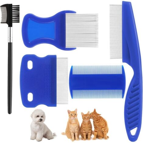 Lot de 5 peignes anti-puces en acier inoxydable avec dents arrondies pour chats et chats, peigne à poils épais, peigne à dents fines pour chien et chat (1/4)